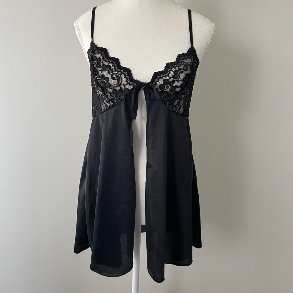 Vintage Jessica Lace Babydoll Lingerie Top Tie Front Sheer Black Size Medium